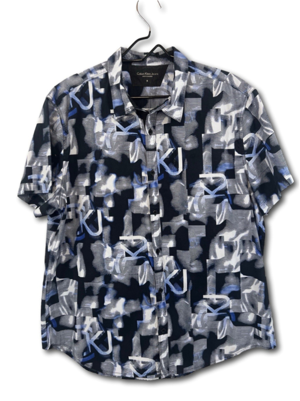 Calvin Klein Jeans Short Sleeve Button Shirt Blue Geometric KJ Mens Size XL